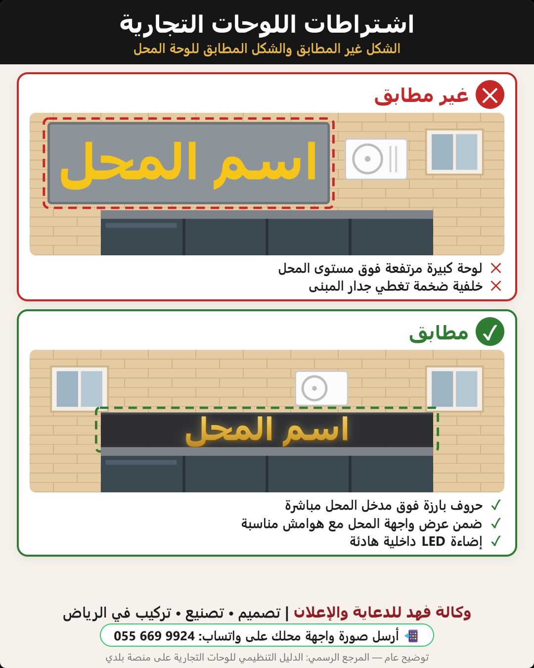 اشتراطات اللوحات التجارية في الرياض: لوحة كبيرة مرتفعة غير مطابقة مقابل حروف بارزة فوق مدخل المحل مطابقة